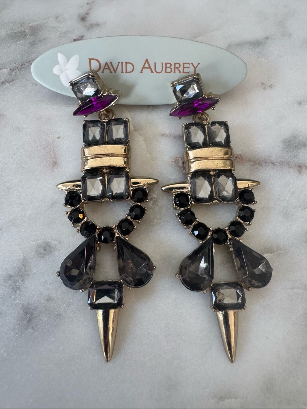 David Aubrey Gold, Black, Purple and Gray Crystal Drop Earrings